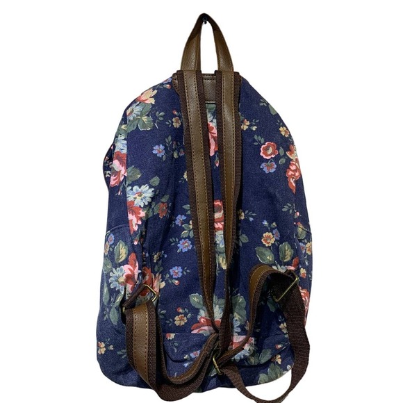 Navy Blue Pink Floral Faux Leather Trimmed Machine Washable Backpack Book Bag - Picture 6 of 6